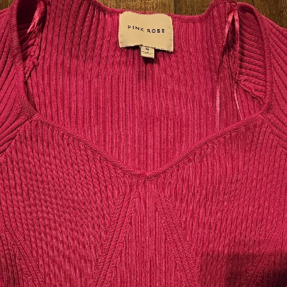Pink Rose V-Neck Ribbed Top in Deep Pink